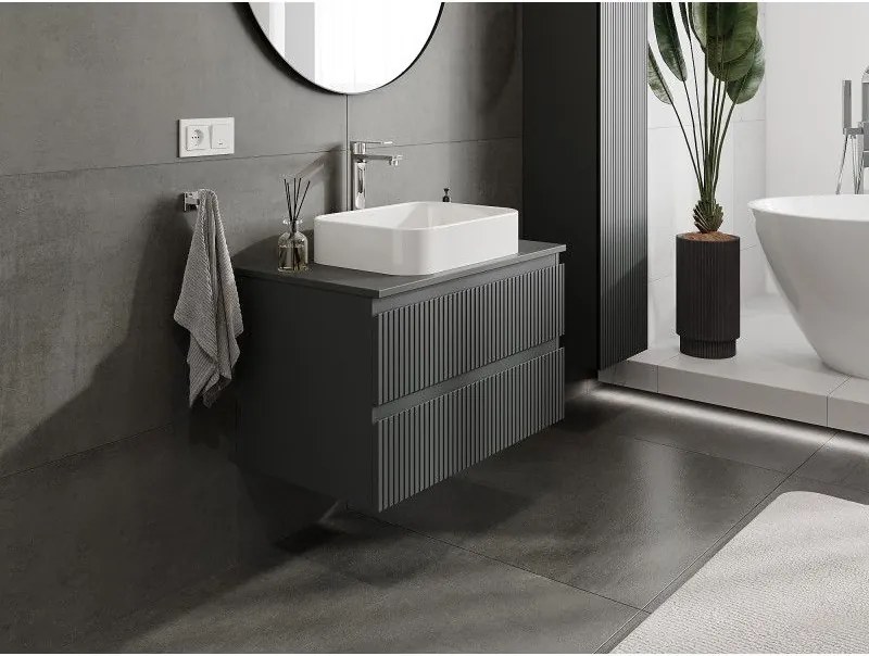 Mexen Rivel, kúpeľňová skrinka 80 cm s pracovnou doskou, 2 zásuvky, drážkovaná, grafitová matná, 91A20-08047-2-BFFC66