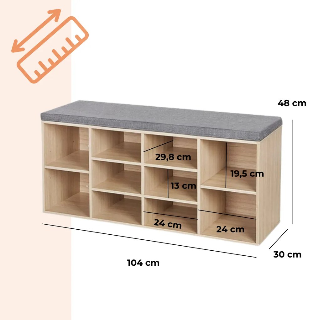 Botník s čalúnenou lavicou GABI, 10 priehradiek, 104x30x48cm, šedá/bledá hnedá Jurhan