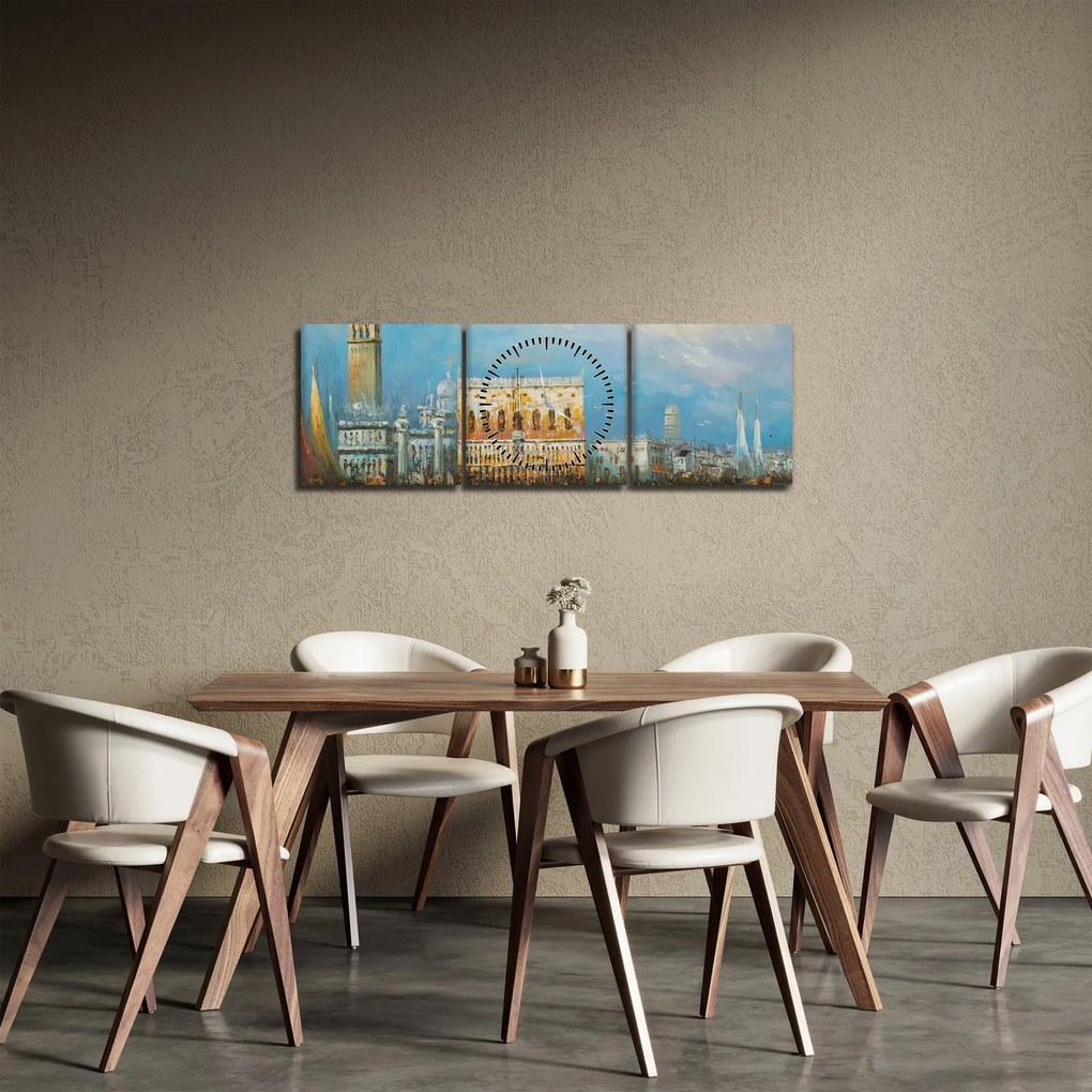 Obraz - Gondola prechádzajúca Benátkami, olejomaľba (s hodinami) (90x30 cm)
