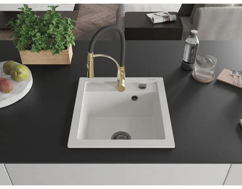 Mexen Vito, 1-komorový granitový drez 490x520x210 mm a drezová batéria Aster, biela, 6503-20-73450-57-B