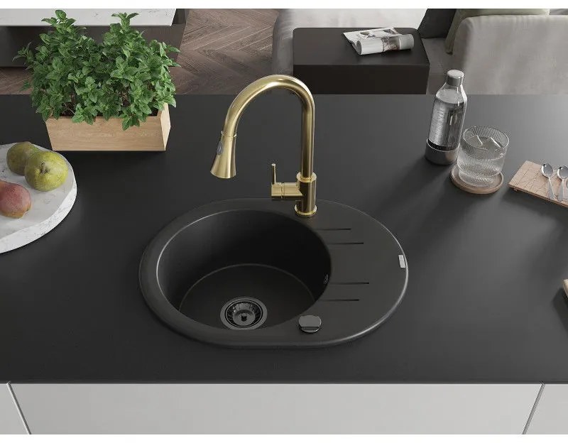 Mexen Kevin, 1-komorový granitový drez 586x458x190 mm a drezová batéria Elia, čierna, 6517-77-670101-50-B