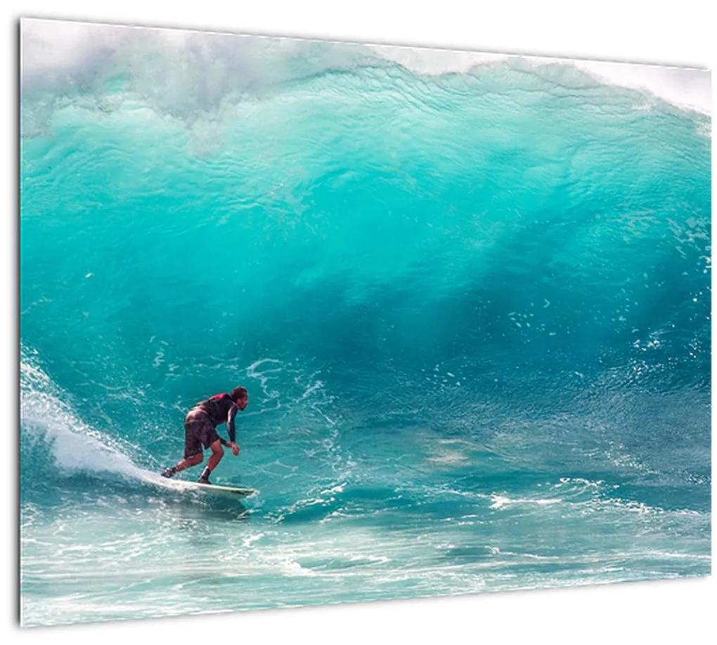 Sklenený obraz surferov vo vlnách (70x50 cm)