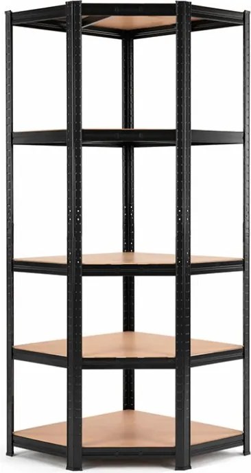 Akcia 2x Regál 180x90x40 cm rohový lakovaný 5-polícový, nosnosť 875 kg - čierny - 2ks