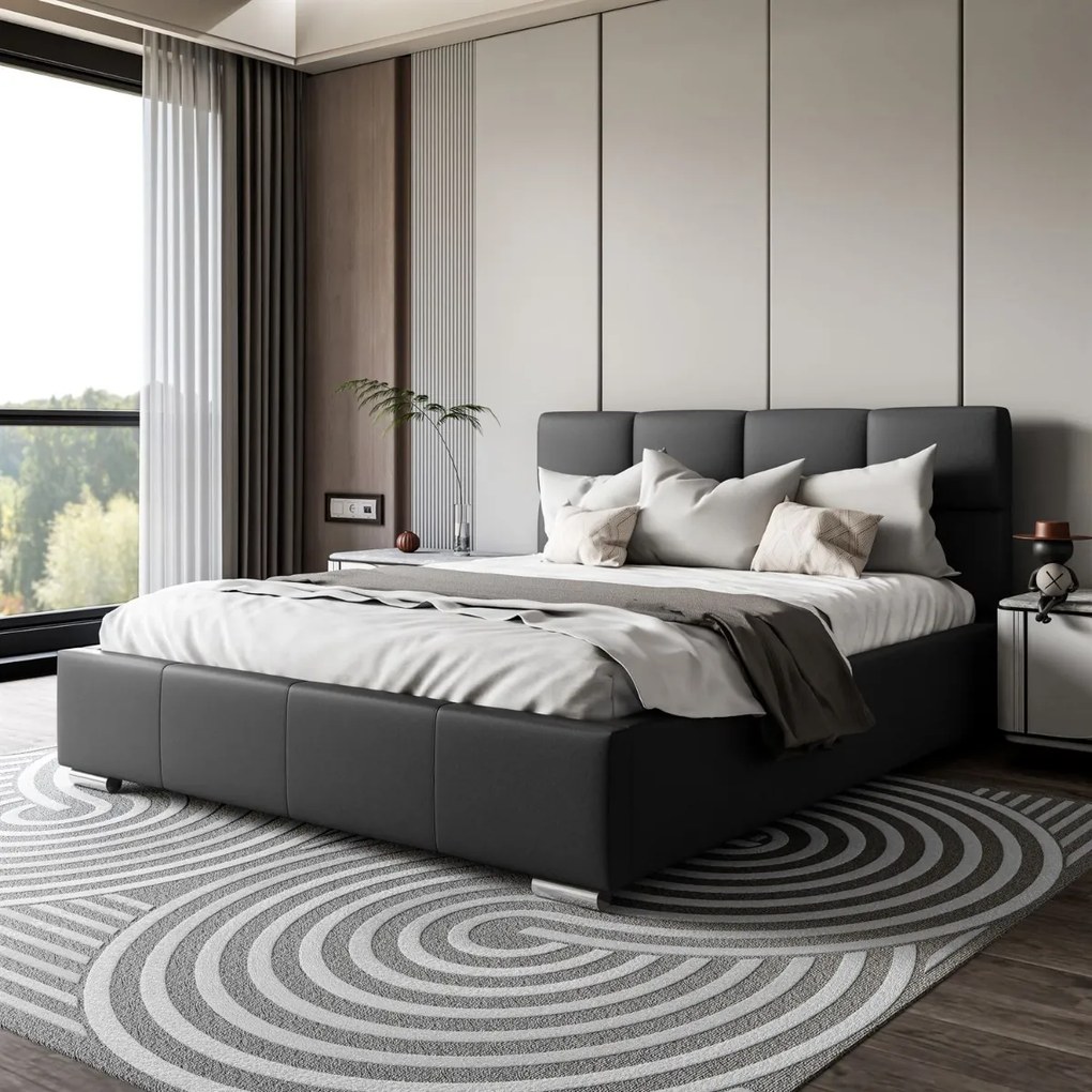 LUISI 180X200 ČALÚNENÁ MANŽELSKÁ POSTEĽ ČIERNA EKO-KOŽA S ÚLOŽNÝM PRIESTOROM