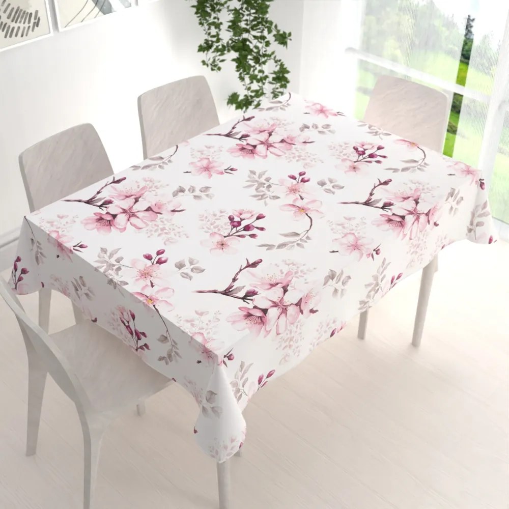 Biante Bavlnený obdĺžnikový obrus Sandra SA-583 Ružové kvety s vetvičkami na bielom 80x120 cm