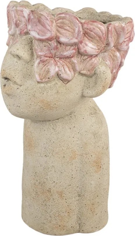 Béžový antik obal na kvetináč hlava ženy s kvetmi Danaé L - 20*19*31 cm