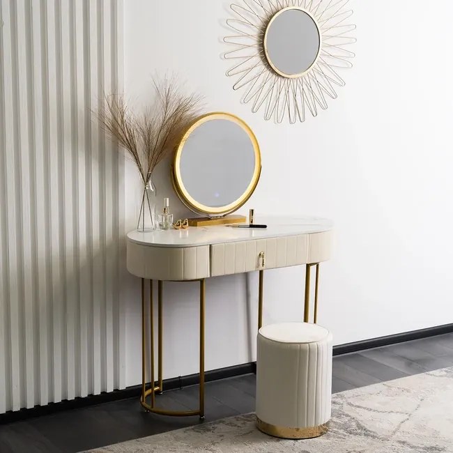Toaletný stolík so zrkadlom a taburetom Amiens béžová/zlatá 100cm