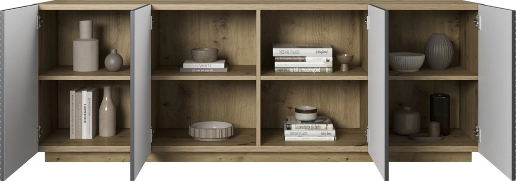 Štvor dverová komoda Asha 200 cm - dub artisan / matný riviera kameň