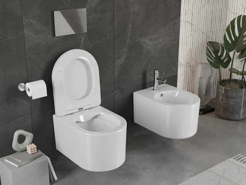 Mexen Sofia, závesná WC misa 490x360x355 mm, Rimless Tornádo + toaletné WC sedadlo z duroplastu, biela lesklá, 30540400
