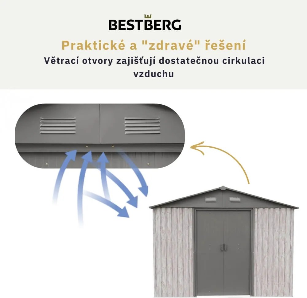 Záhradný domček BestBerg ZDB-7SD / 7,2 m² / 301 x 238 x 214 cm / dekor biele drevo / sivá