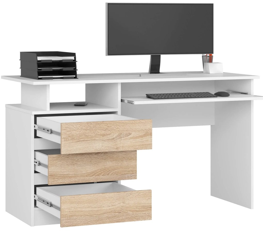 Voľne stojaci písací stôl CLP 135 cm biely/dub sonoma