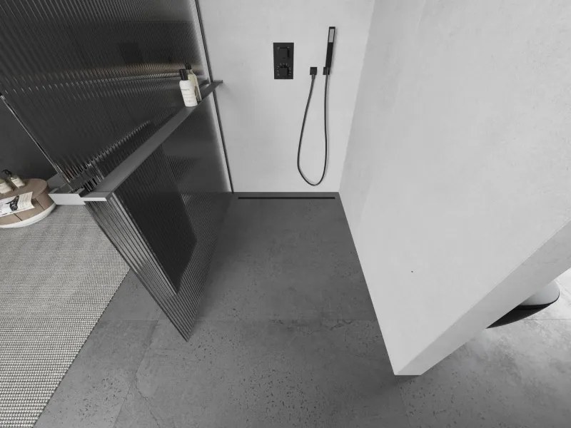 Mexen Kioto+, sprchová zástena Walk-In s poličkou a vešiakom 140 x 200 cm, 8mm sklo s rebrovým vzorom, grafitový profil, 800-140-121-95-09