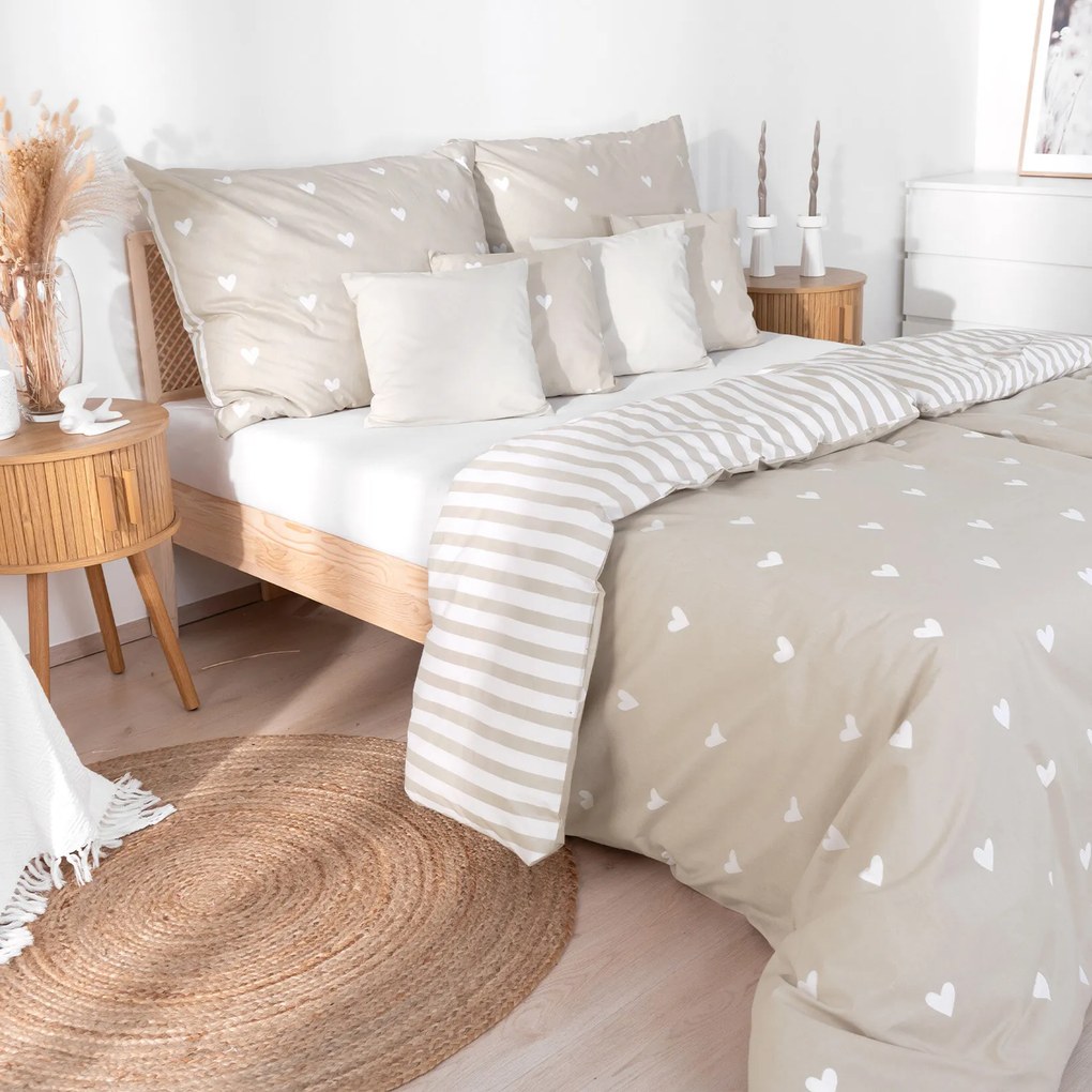 Goldea bavlnené posteľné obliečky - srdiečka na latte s prúžkami 140 x 220 a 70 x 90 cm