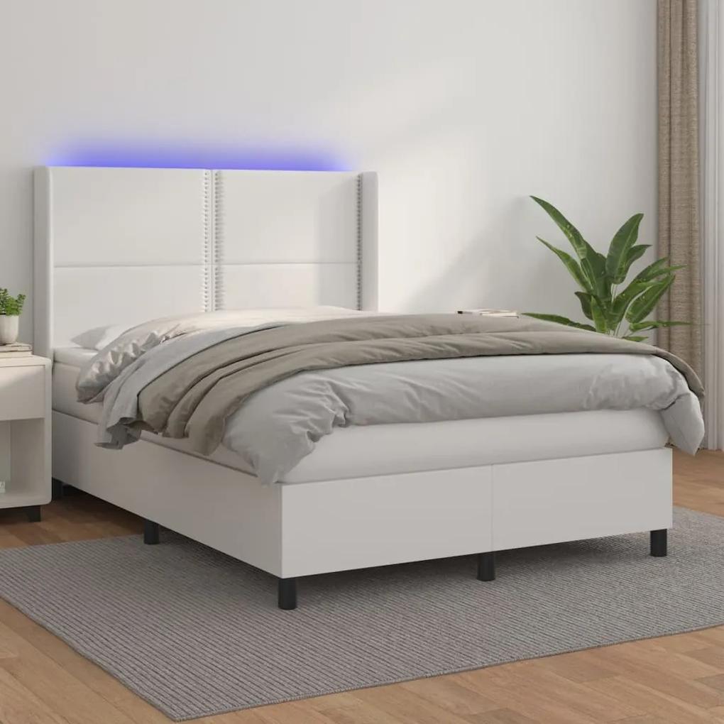 Boxspring posteľ s matracom a LED biela 140x190 cm umelá koža 3139320