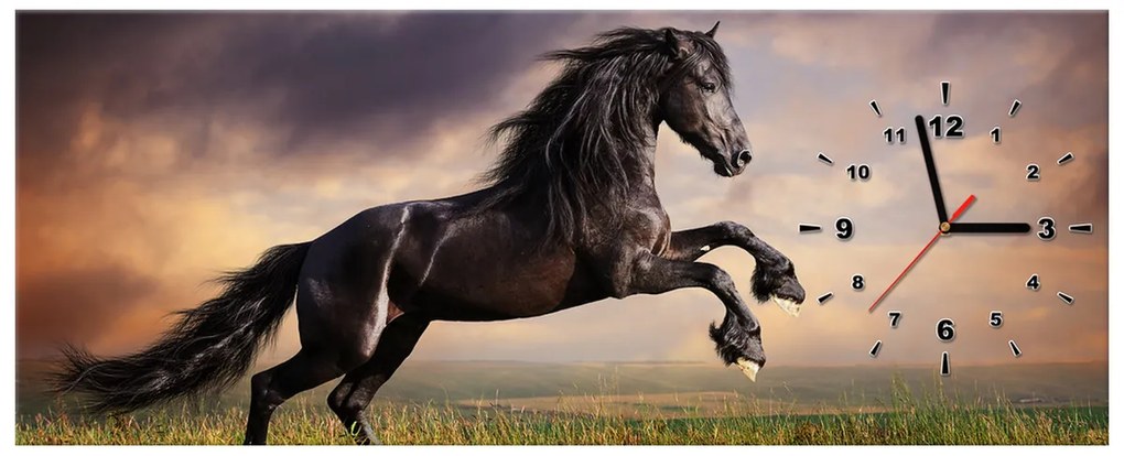 Gario Obraz s hodinami Silný čierny kôň Rozmery: 30 x 30 cm