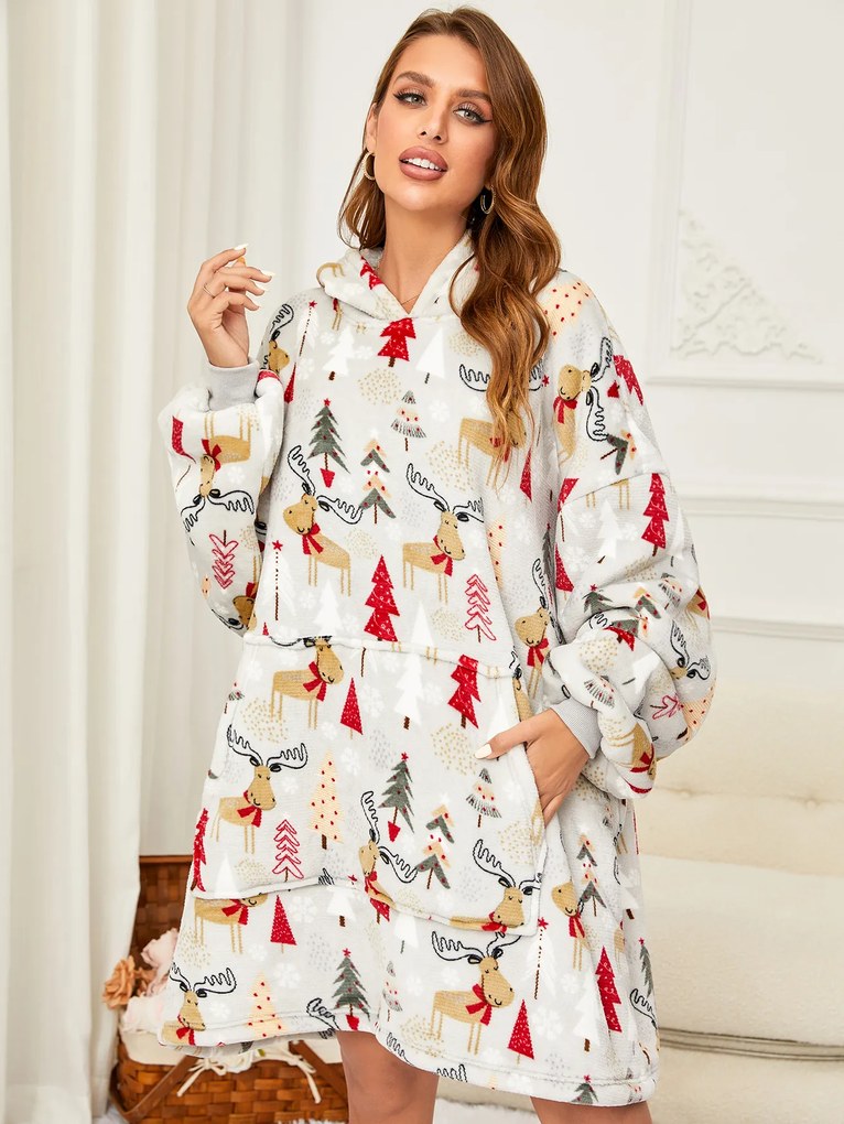 Baránková mikinová deka s rukávmi a kapucňou YULE HUG svetlosivá