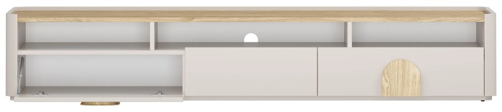 TV stolík Amilio 200 cm so zásuvkami - kašmír / olejovaný dub / úchytky svetlý dub