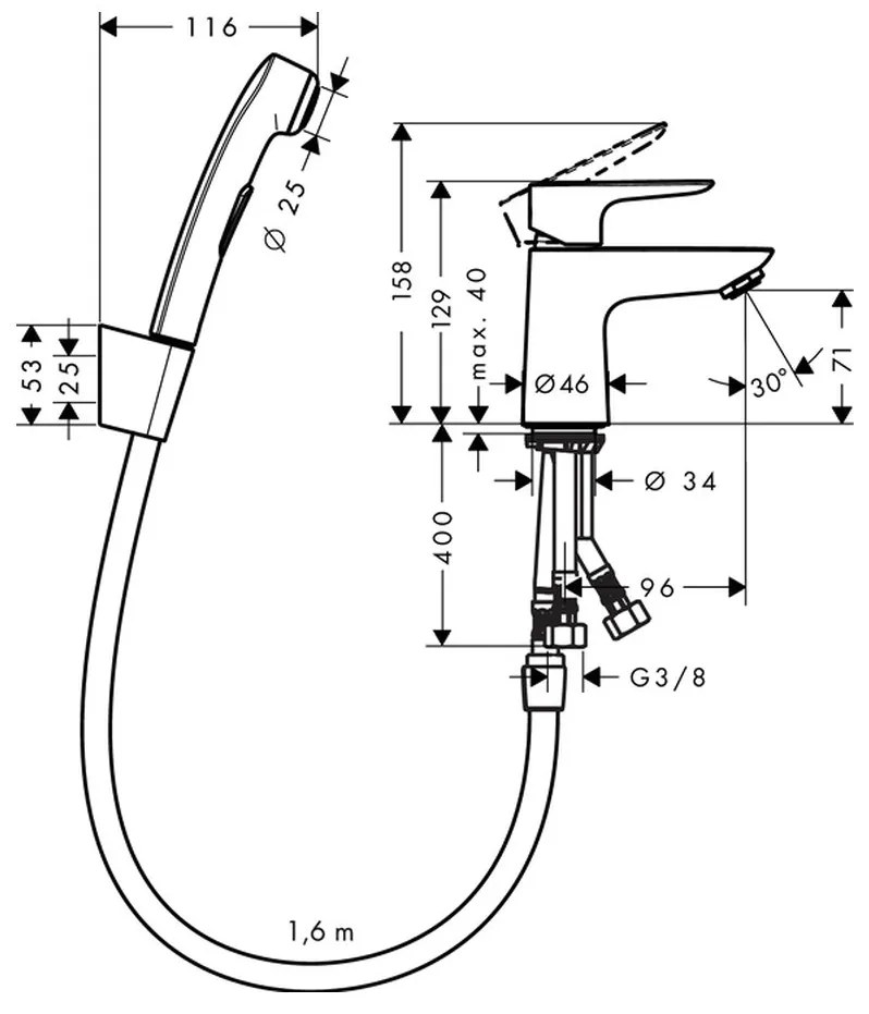 Hansgrohe Talis E, umývadlová batéria s ručnou sprchou Bidette a sprchovou hadicou 160 cm, chrómová, HAN-71729000