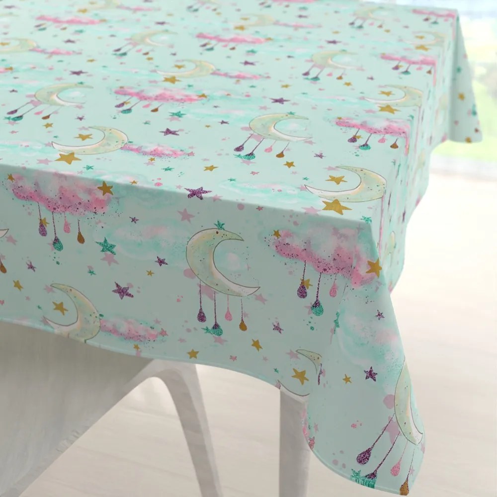 Biante Detský bavlnený štvorcový obrus Sandra SA-522 Mesačná obloha na mintovom 90x90 cm