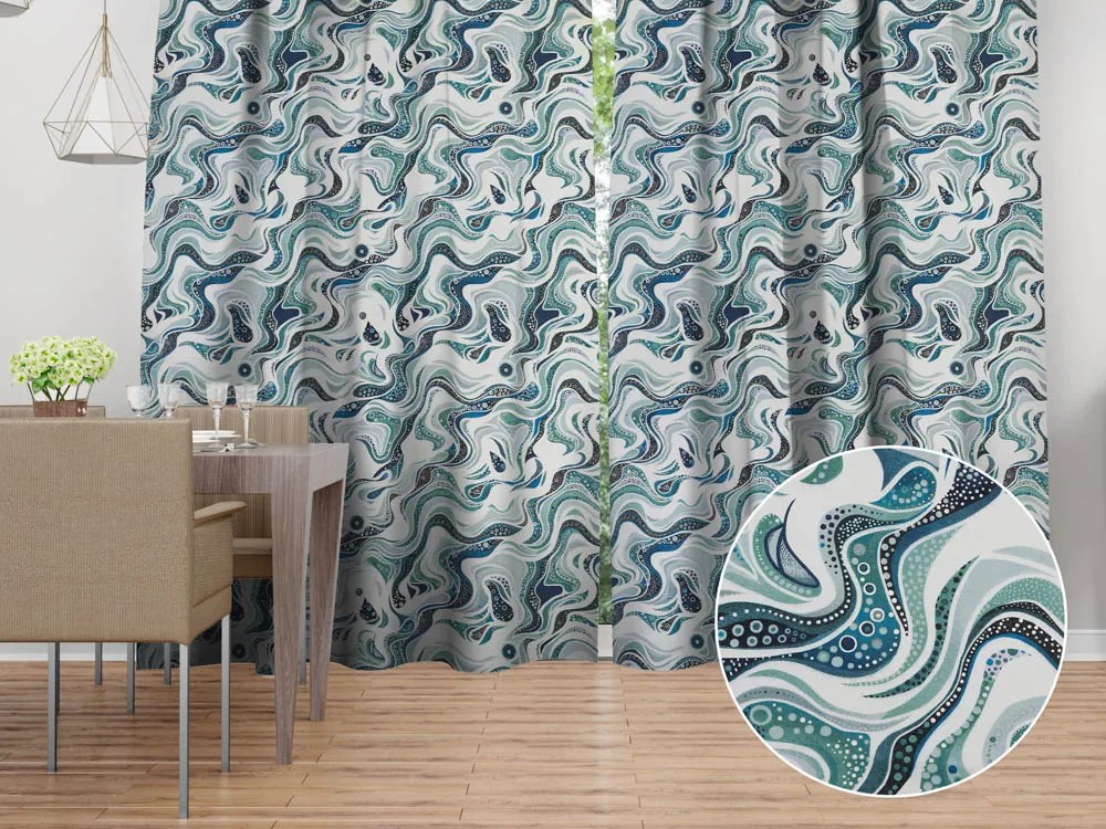 Biante Bavlnený záves Sandra SA-587 Modro-zelené designové vlnky na mintovom 150x150 cm