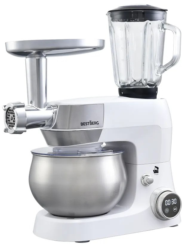 MEGAKOMBO Multifunkčný kuchynský robot BestBerg BBR-1900P + 15dielna sada riadu s mramorovým povrchom BestBerg BBSC-15 / strieborná