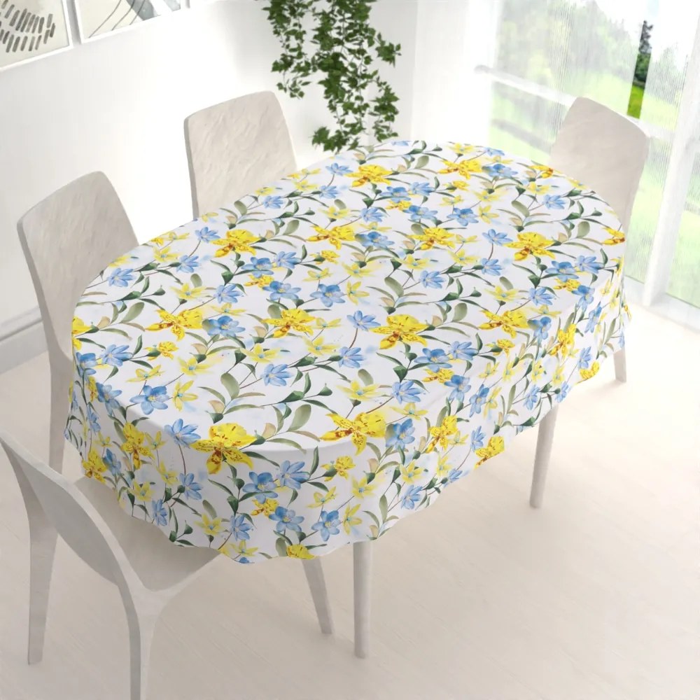 Biante Teflónový oválny obrus TF-081 Žlto-modré ľalie na bielom 140x220 cm