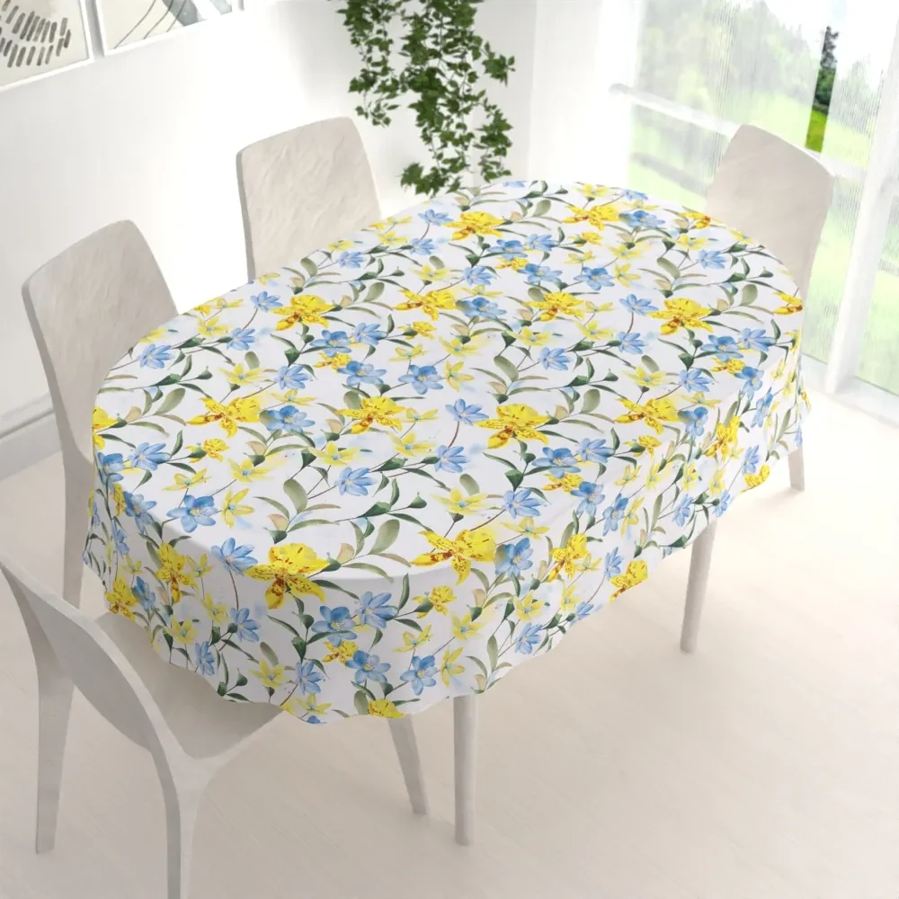 Biante Teflónový oválny obrus TF-081 Žlto-modré ľalie na bielom 50x100 cm