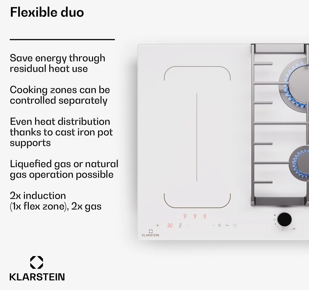 Klarstein MultiChef 4, indukčná a plynová varná doska, 4 varné zóny, 2 plynové horáky, 2 indukčné varné dosky, FlexZone