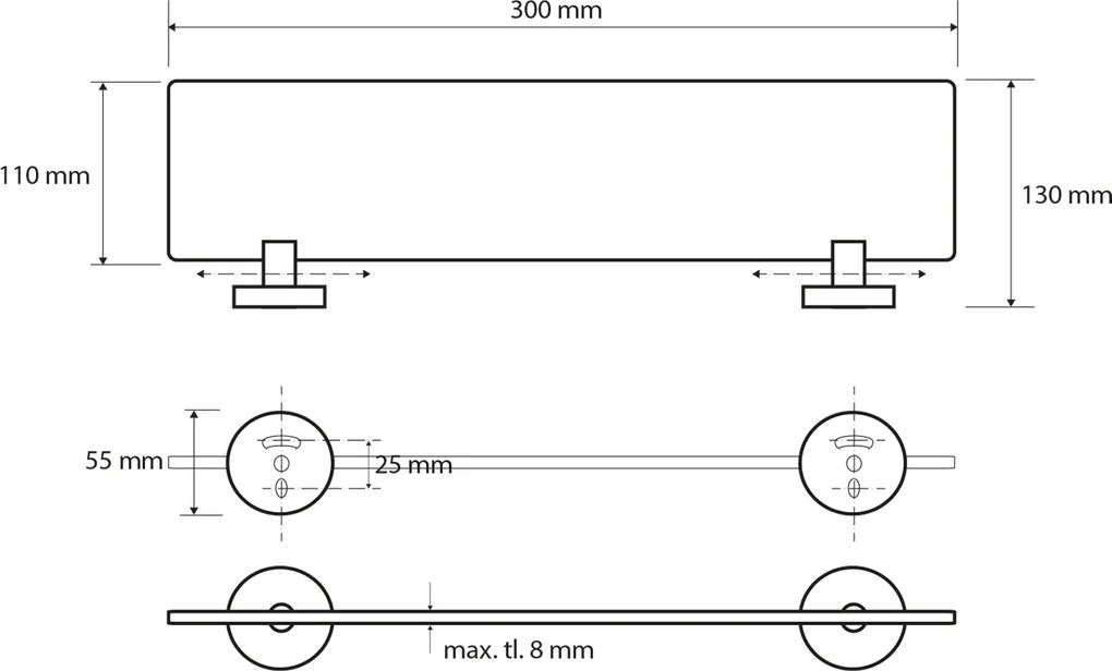 Sapho X-ROUND E sklenená polička 300x130mm, mliečne sklo, chróm XR601