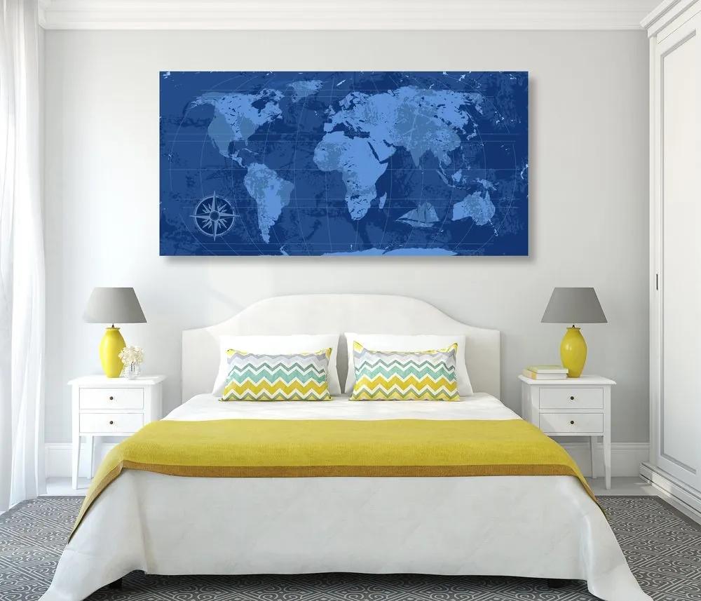 Obraz rustikálna mapa sveta v modrej farbe - 120x60