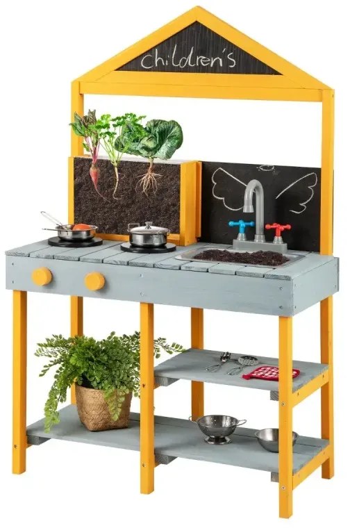 Vonkajšia  kuchynka pre deti Vonkajšia detská kuchynka z jedľového dreva s kvetináčom a 2 kriedovými tabuľami a kohútikom Modrá