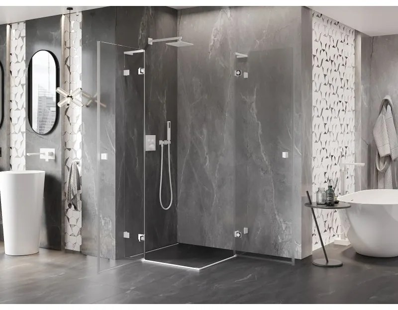 Mexen Lunar, L Duo výklopný sprchový kút 115 x 115 cm, 8mm číre sklo, biely profil, 834L-115L-115P-20-00