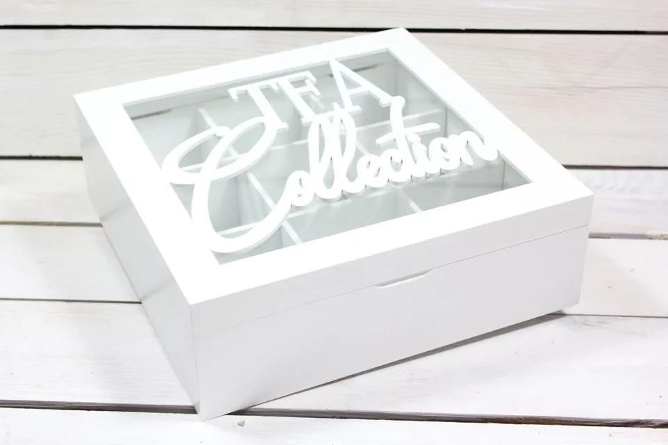 Drevená krabica na čaj "TEA COLLECTION"(24x8x24 cm) - biela
