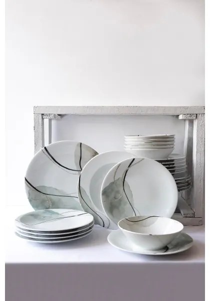24-dielna jedálenská súprava, sivá/zelená, porcelán