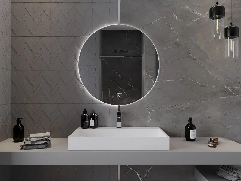 Mexen Erg, okrúhle LED podsvietené kúpeľňové zrkadlo 80 cm, 6000K, vykurovacia podložka proti zahmlievaniu, 9823-080-080-611-00