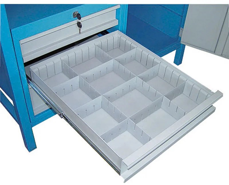 Dielenský pracovný stôl GD, 5 zásuviek, smrek + buková preglejka, 5 zásuviek, 1 skrinka, 1190 x 600 x 850 mm, modrá / sivá