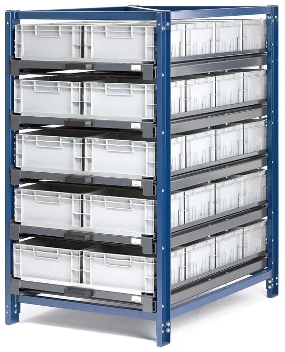 Skladový regál, 100% výsuv políc, 40 prepraviek, nosnosť 150kg / polica