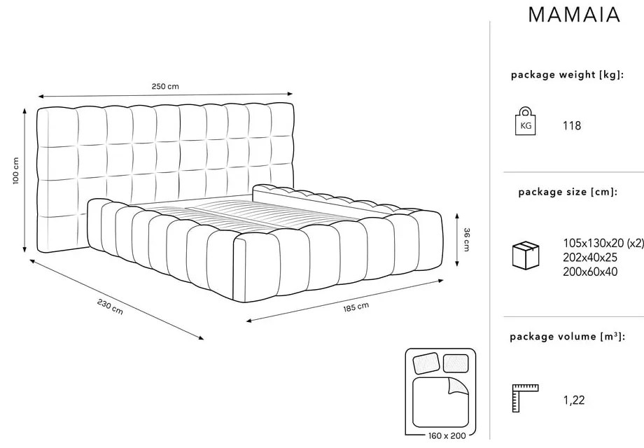 Béžová čalúnená dvojlôžková posteľ s úložným priestorom a roštom 160x200 cm Mamaia – Micadoni Home