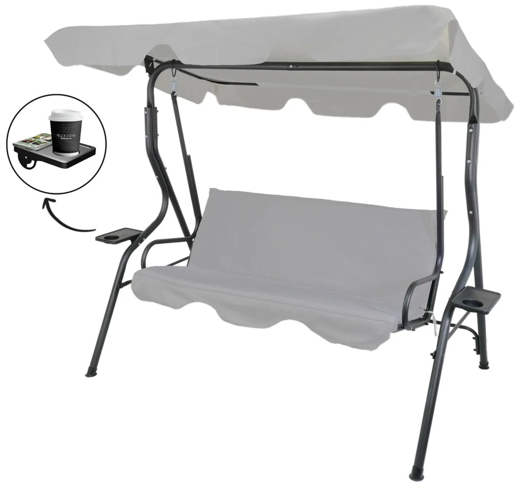 Záhradná hojdačka 170x110x153cm - sivá s podstavcami na nápoj