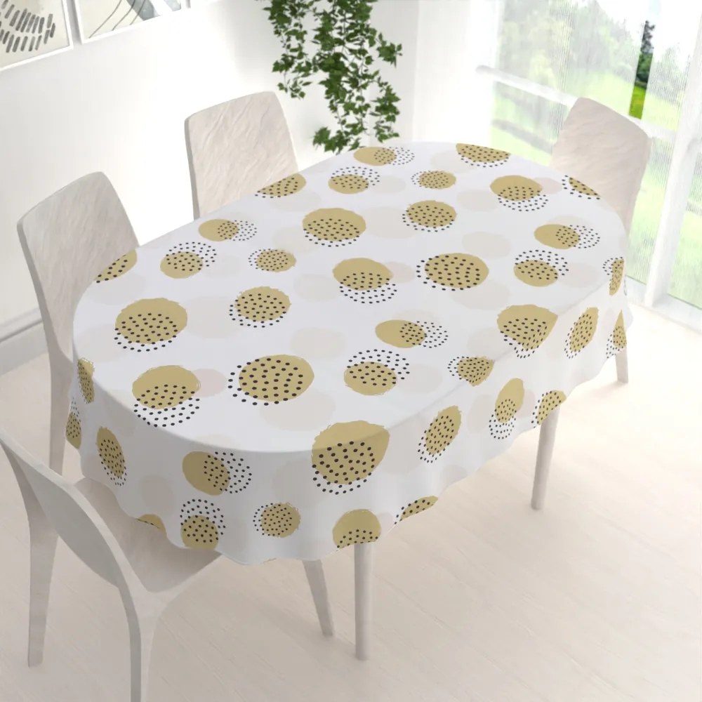 Biante Teflónový oválny obrus TF-059 Okrové a svetlo marhuľové bodkované kruhy na bielom 80x120 cm