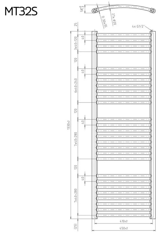 Mereo, Vykurovací rebrík 600x1690 mm, oblý, biely, stredové pripojenie, MER-MT43S