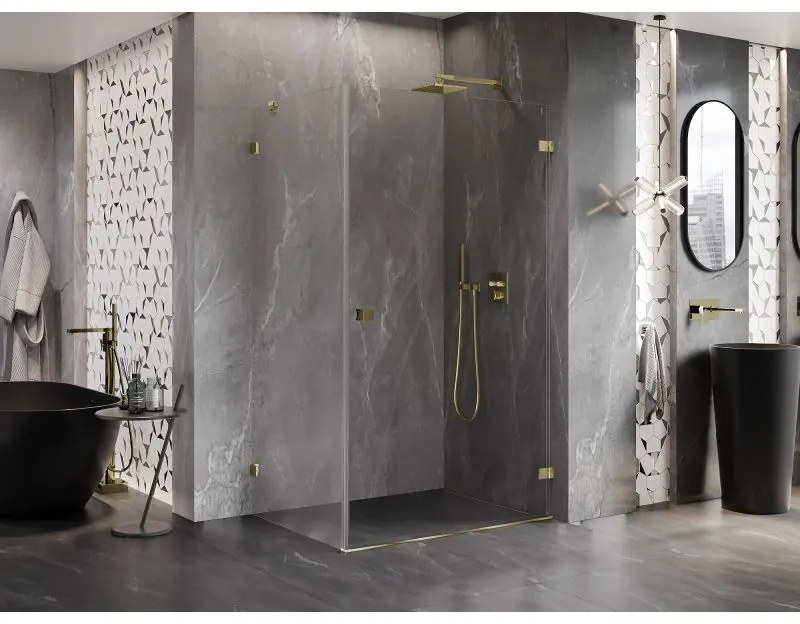 Mexen Lunar-B, pravostranný výklopný sprchový kút 75 x 70 cm, 8mm číre sklo, zlatý profil, 832-075-070-50-00-P