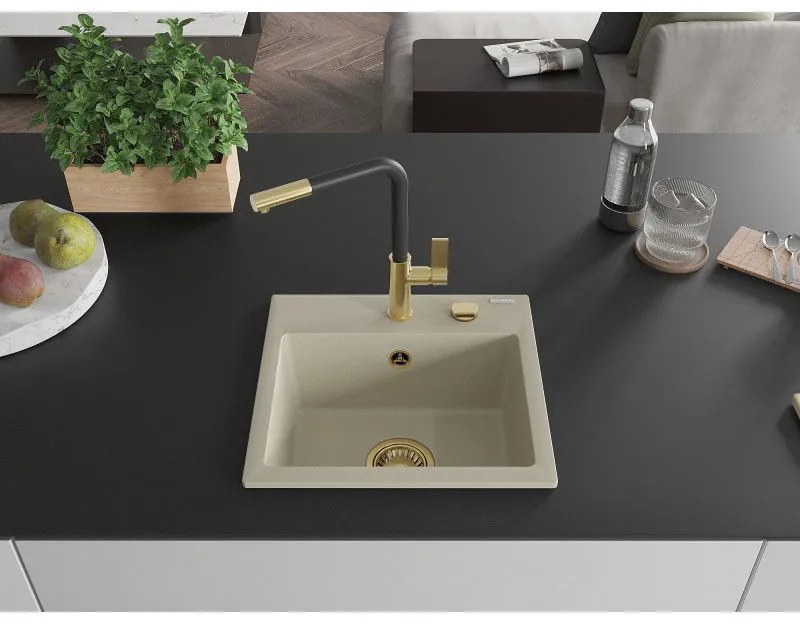 Mexen Milo, 1-komorový granitový drez 435x410x171 mm a drezová batéria Flora, béžová, 6505-69-670401-57-G