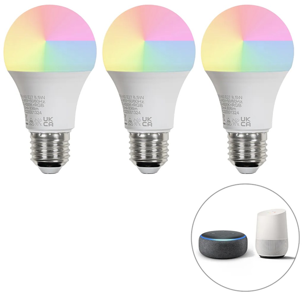 Sada 3 inteligentných LED žiaroviek E27 A60 matná RGBW 8,5W 806lm 2700K