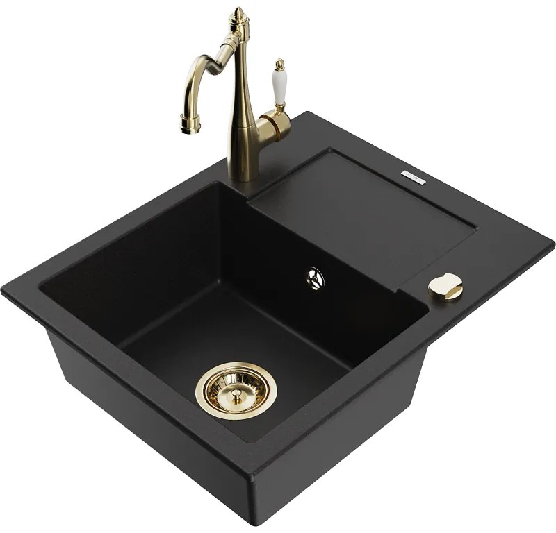 Mexen Enzo, granitový drez 576x465x174 mm, 1-komorový a drezová batéria Carla, čierna, 6506-77-670700-50