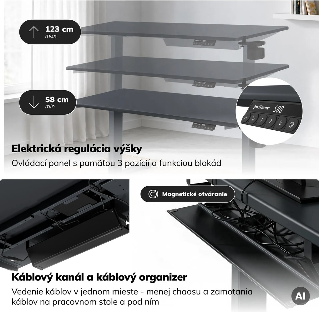 Elektrický stôl s reguláciou výšky ergonomický antracitový,1400x700 mm: ARIA