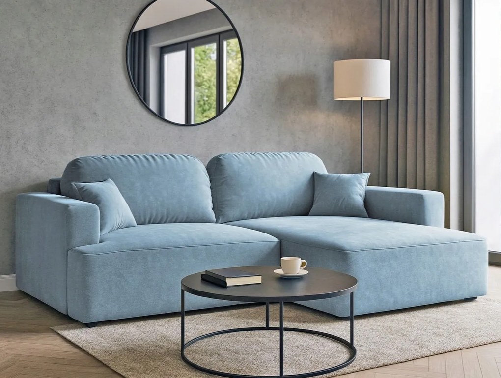 Rohová sedačka s funkciou spania Sunny pravá s úložným priestorom na posteľnú bielizeň, modrá