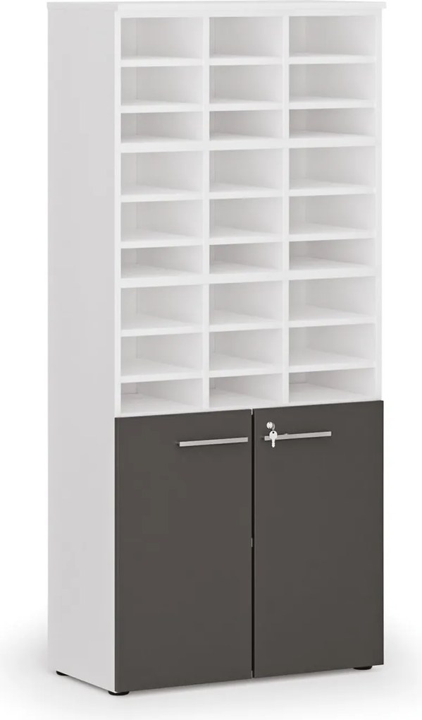 Triediaci regál s dverami PRIMO WHITE, 800 x 420 x 1781 mm, 27 priehradok, biela / grafitová