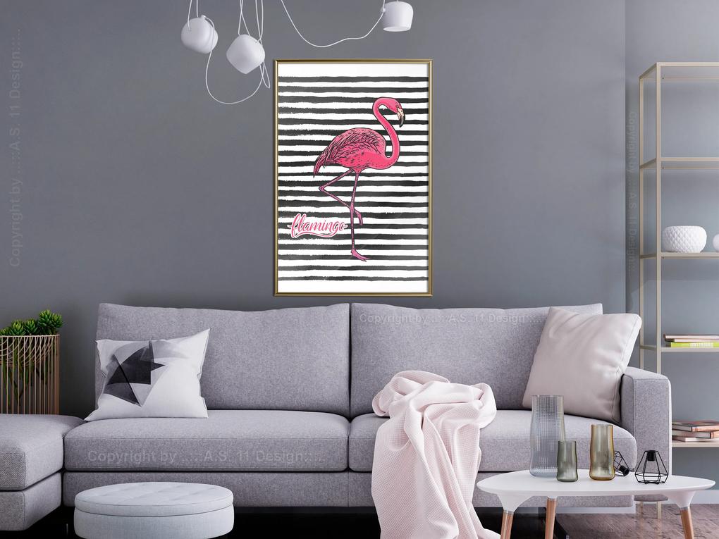Artgeist Plagát - Black Stripes and Flamingo [Poster] Veľkosť: 30x45, Verzia: Čierny rám s passe-partout