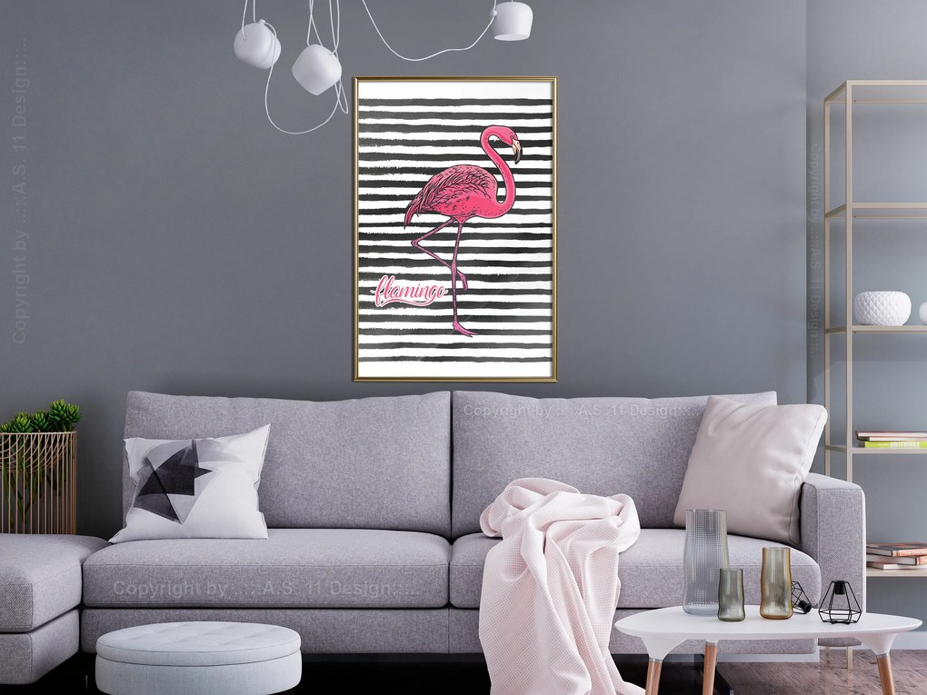 Artgeist Plagát - Black Stripes and Flamingo [Poster] Veľkosť: 40x60, Verzia: Čierny rám s passe-partout